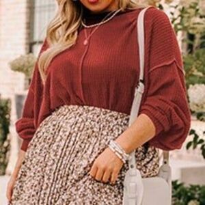 1XL Gold Red Flame Exposed Seam Thermal Waffle Knit Plus Size Top Blouse Shirt